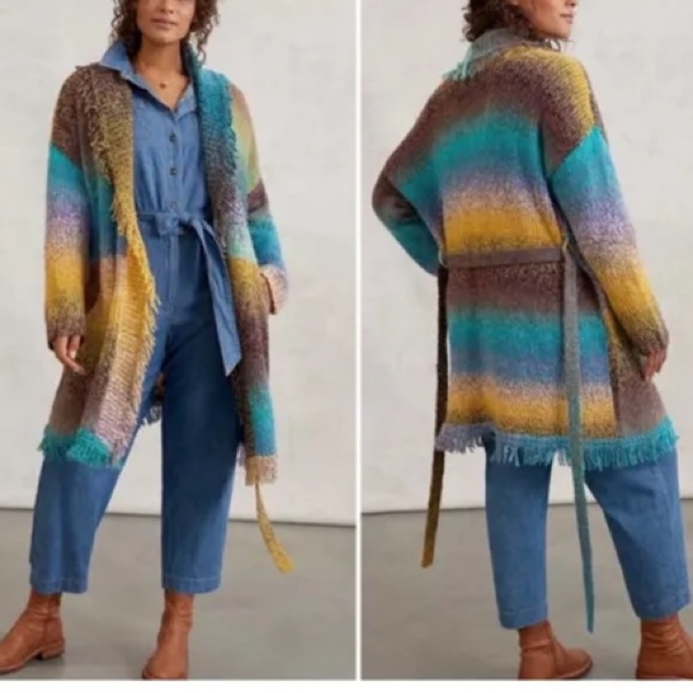 Greylin multi color stripe wrap fringe sweater duster cardigan